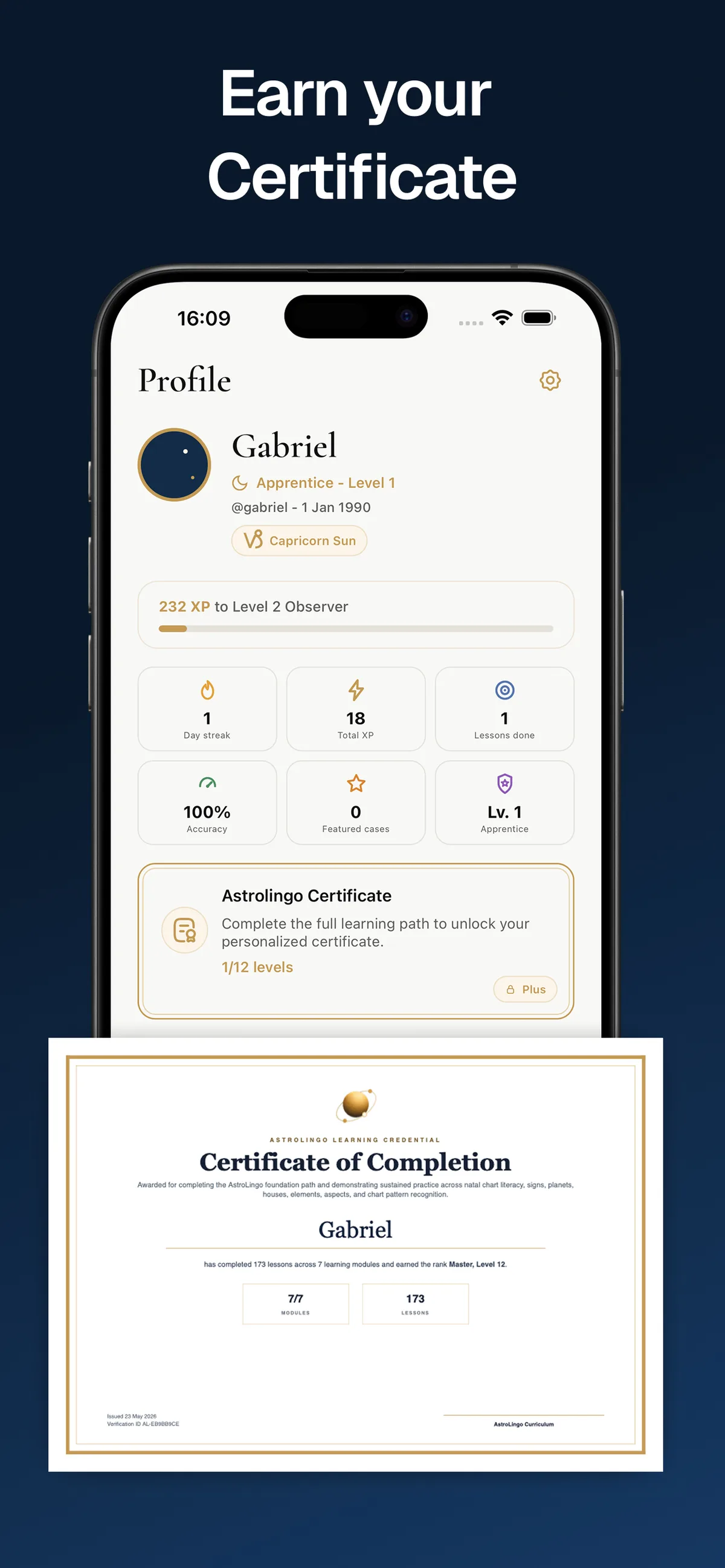 AstroLingo profile screen with XP, level, and astrology certificate progress.