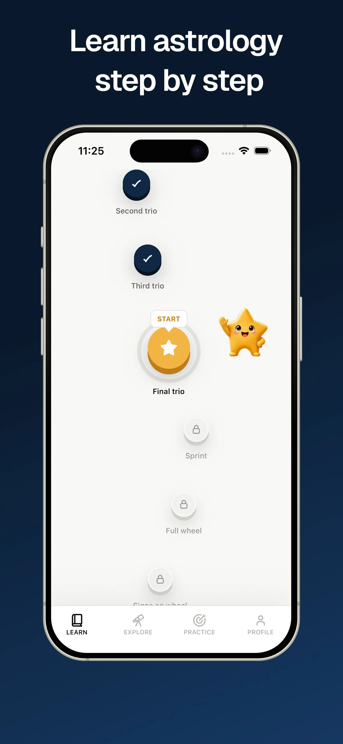 AstroLingo course path screen for the Your Birth Chart course.