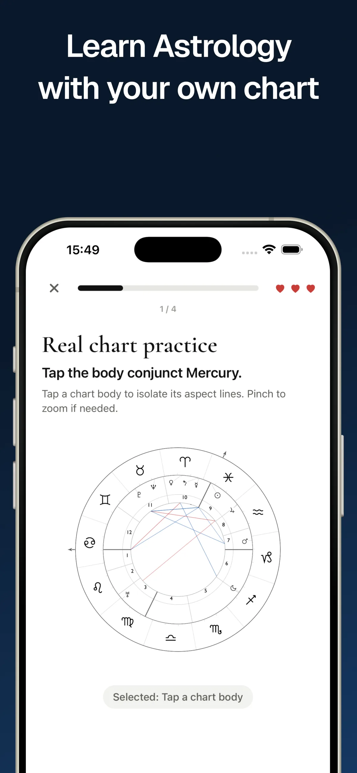 AstroLingo chart practice screen with a natal chart wheel.